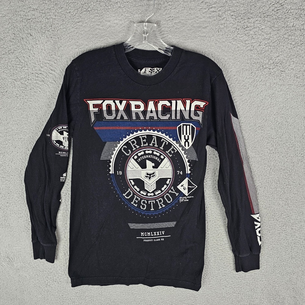 Fox Racing T-Shirt Mens Small Black Create Destroy Graphic Print Long Sleeve‎